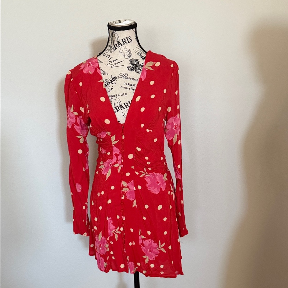 Free People Red and Pink Floral Long Sleeve Dress